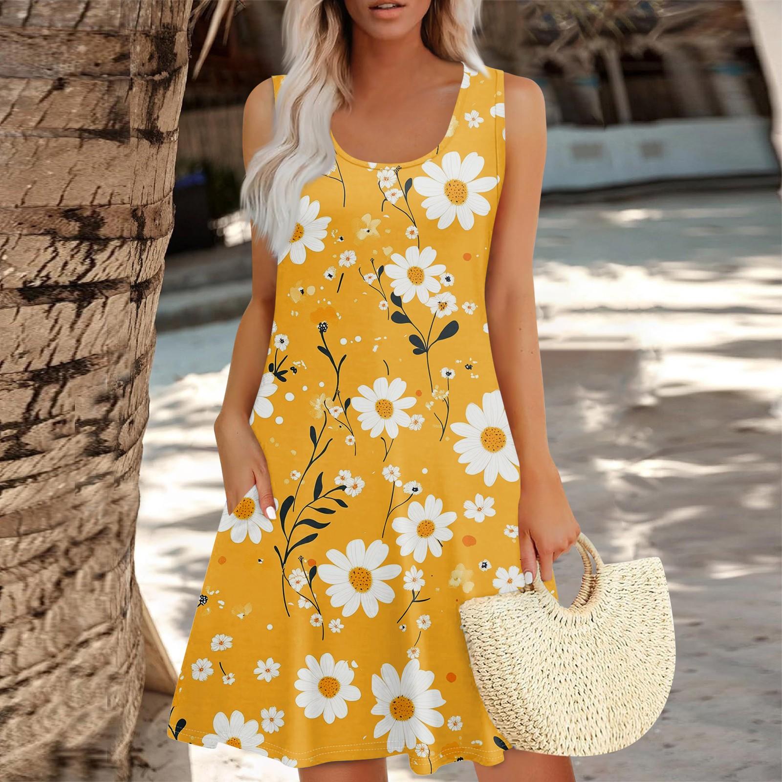 

Женское летнее платье с цветочным принтом, с высокой талией, в богемном стиле, повседневное гавайское платье, летящее, с V-образным вырезом, для отдыха S жёлтый