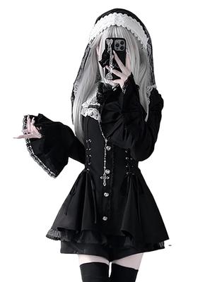 Jundakara Long Sleeve Dress with Cute and Perfect for a Sickly French or Idol Available In Black and Size Women's Shorts, Lace, Cross, Ribbon,