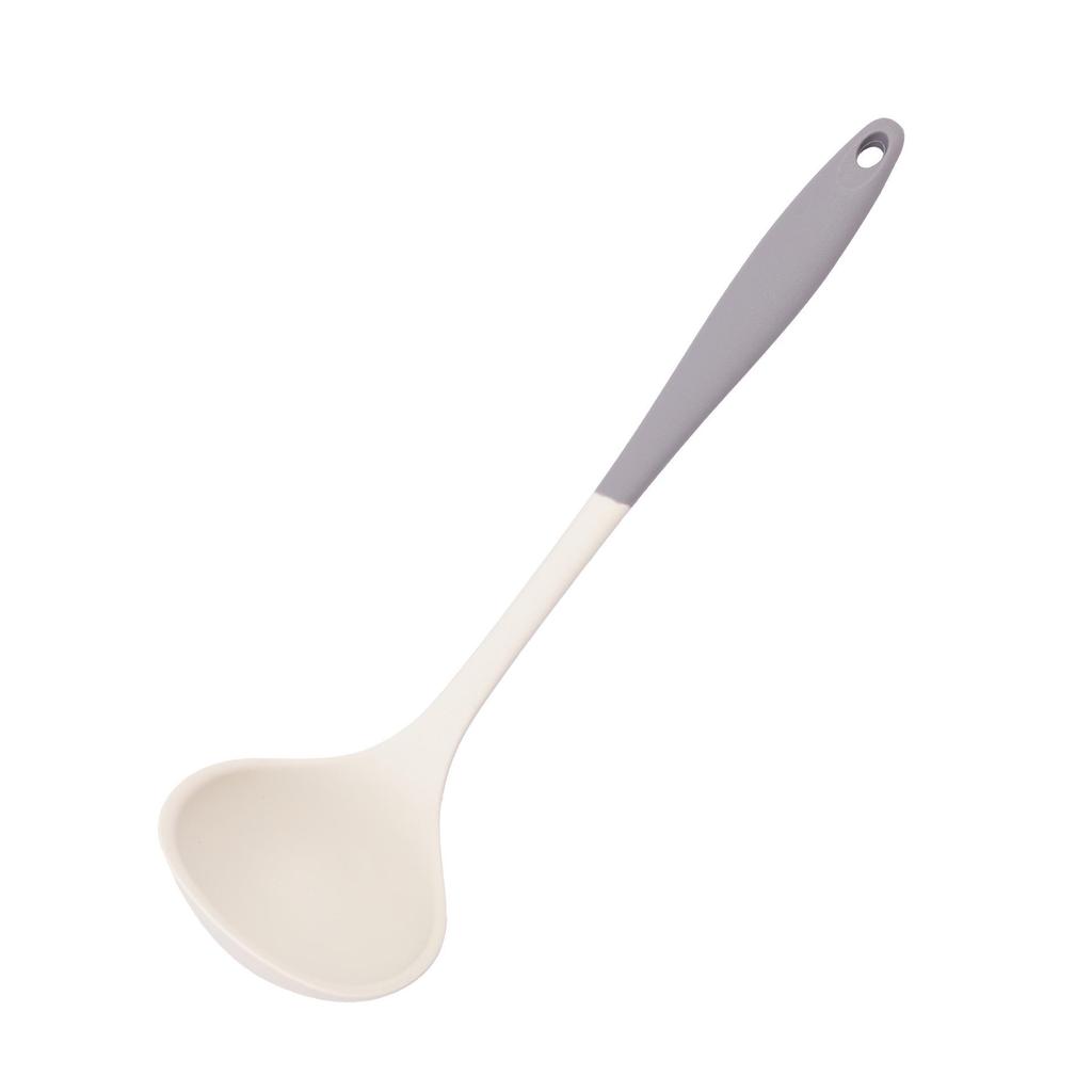 Gray & White Silicone Cooking Utensil Set: Spatula, Wok Spatula, Soup Ladle, Rice Spoon, Skimmer - Heat Resistant.