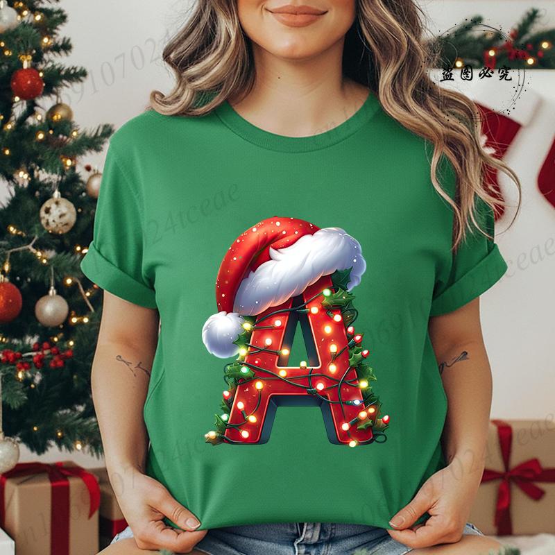 Women's Casual T-Shirt Christmas-lights-wrapped-letter Graphic Tshirt Christmas Design Round Neck Short Sleeve Tee Shirt Clothes