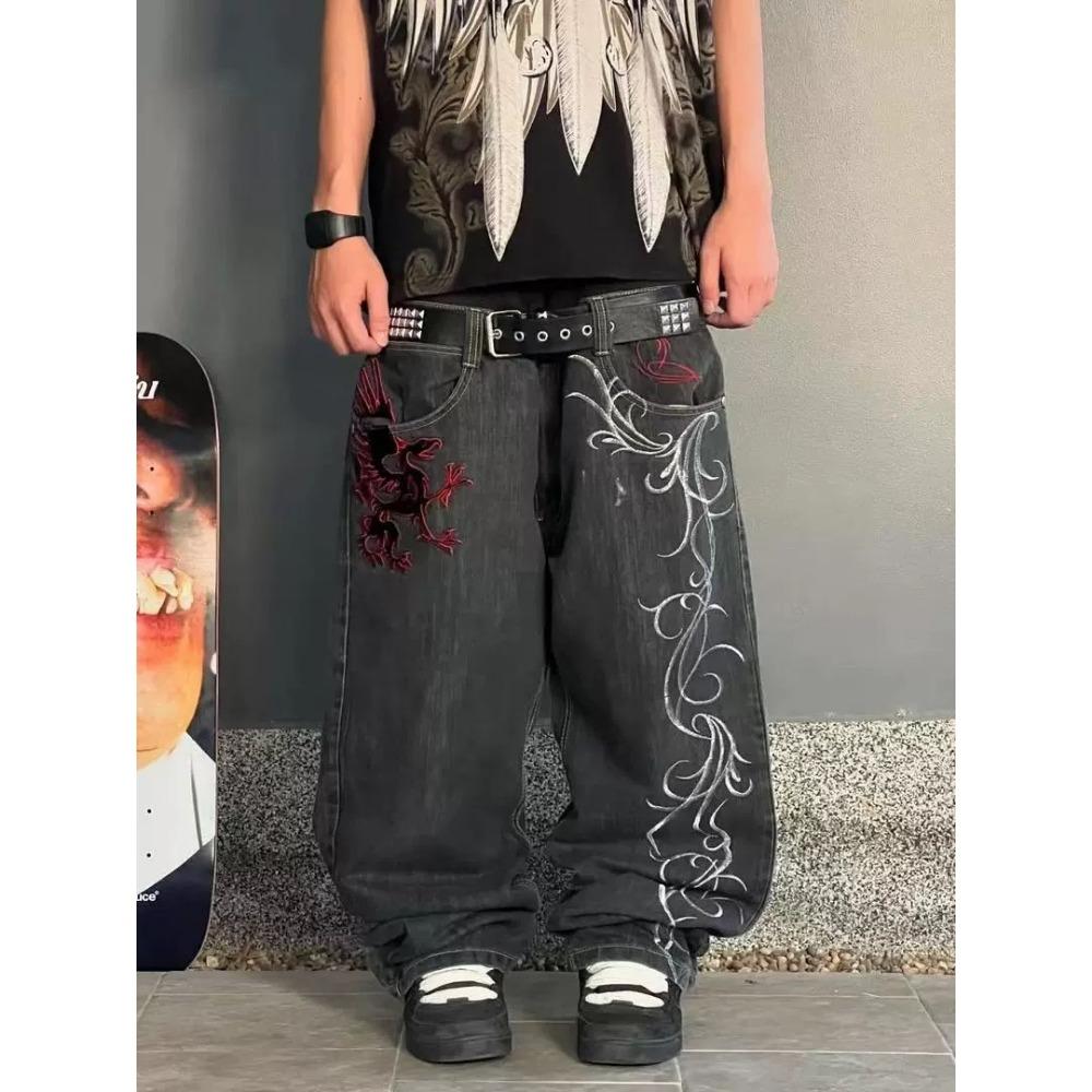 LUXEON American Retro High Street Y2K Personalized Patchwork Letter Embroidered Jeans Gothic Fashion Wide-leg Denim Trousers
