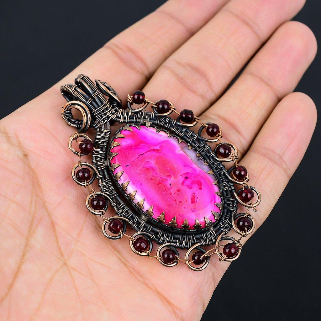Pink Dendrite Opal Gemstone Pure Copper Wire Wrapped Handmade Pendant Jewelry