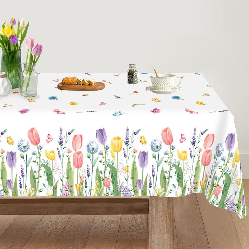 Spring Tulip Lavender Tablecloth, Disposable Seasonal Spring Summer Floral Butterfly Kitchen Dining Table Decoration for Home