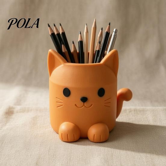 Smooth Surface Pen Holder Holder, Cartoon Cat Shape Desk Organizer, Decorative Themed Office Supplies Stationery for Pencils Gel Pens Makeup