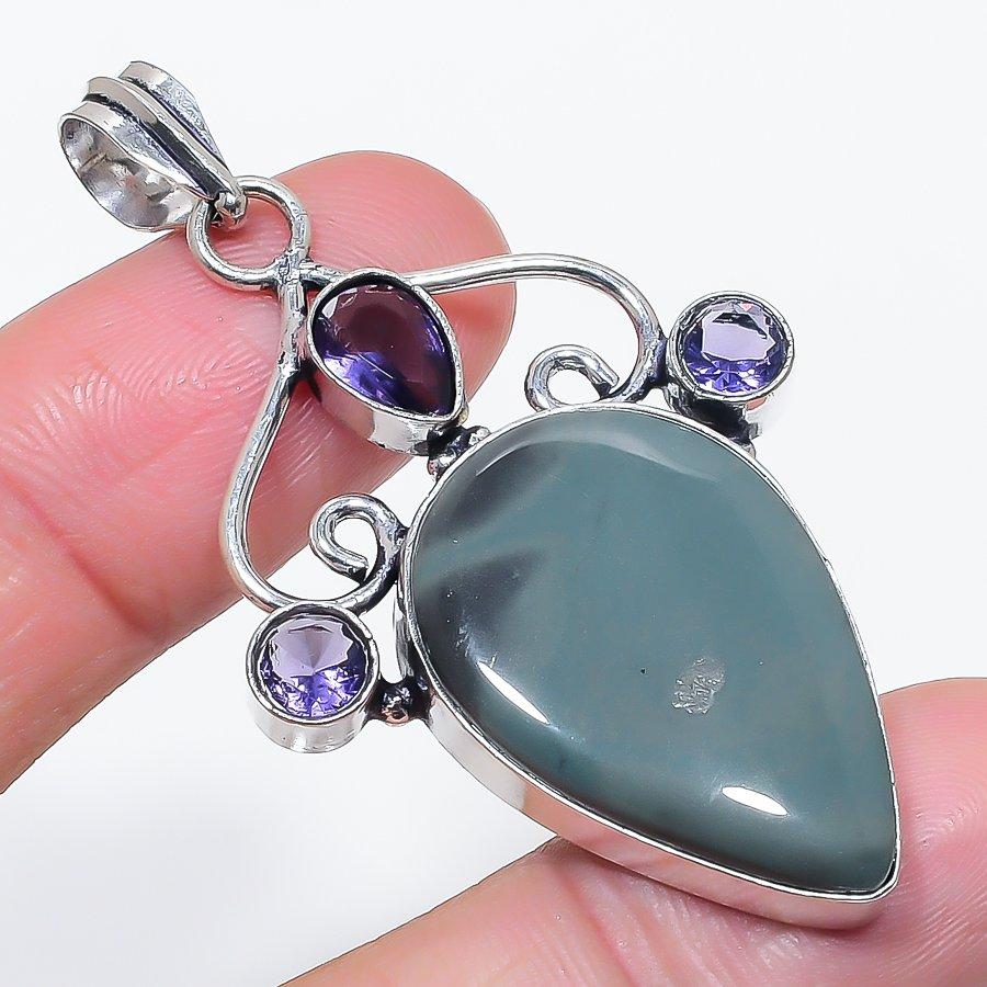Natural Kambaba Jasper, Amethyst 925 Sterling Silver Jewelry Pendant 2.40" G0g04