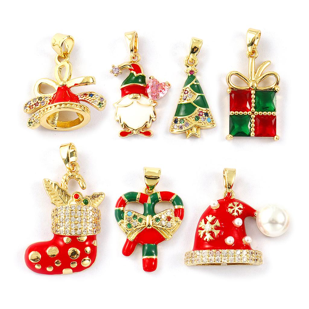 2 Pcs Brass Christmas Charm Pendant 18K Gold Plated Candy Cane Christmas Hat Gift Box Elf Charms For Jewelry Necklace Making
