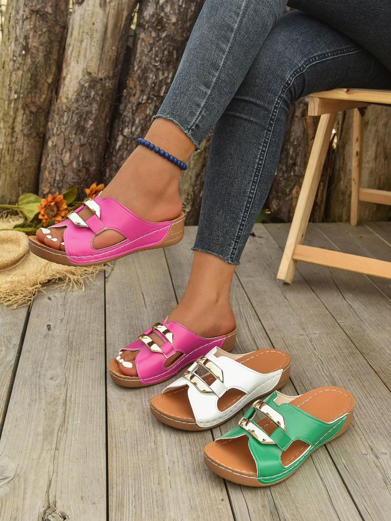 Modische Damen-Slipper aus grünem Leder, goldene Pantoletten mit offener Zehenpartie, Sommer-Strand, bequeme Plateausandalen, lässige Outdoor- und Alltagskleidung 2025
