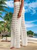 Womens Crochet Mesh Cover Up Pants High Waist Wide Leg Beach Trousers