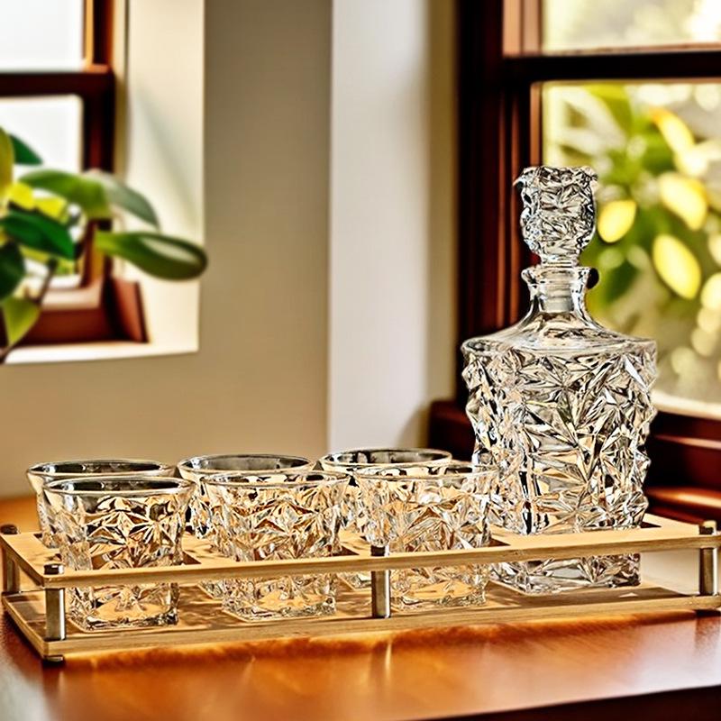 Premium Whiskey Glassware Set with Decanter, Ice-Crack Design, Cup Holder, and Tray - Perfect for Dinner Parties