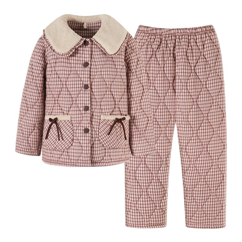 Pajamas Women'S Winter Velvet Thickened Woven Pure Cotton Three-Layer Padded Cotton Winter Padded Jacket Loungewear Set