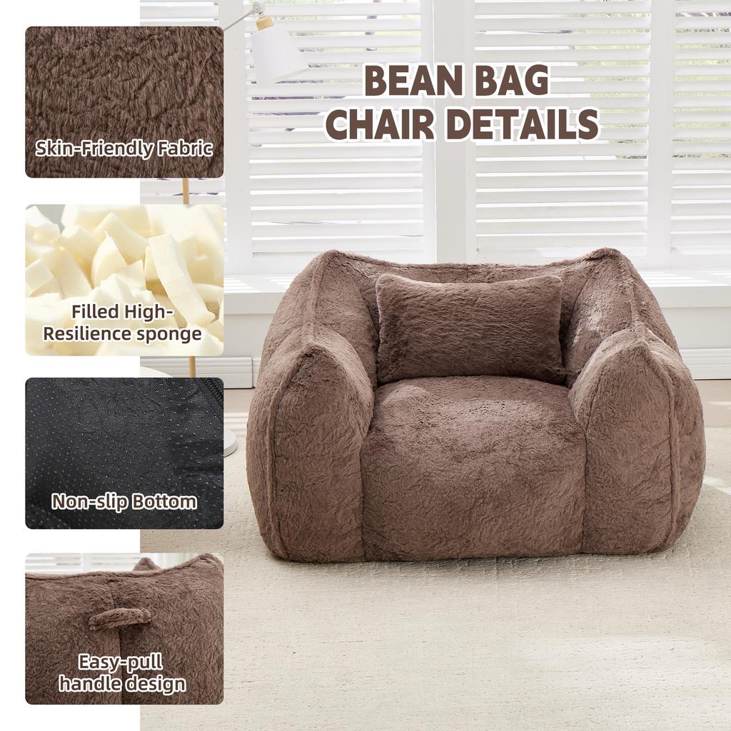 Giant Bean Bag Chair with pillow, Comfy Large Bean Bag Chairs for Adults and Kids, Faux Fur Floor Sofa for Living Room Bedroom Apartment,Khaki