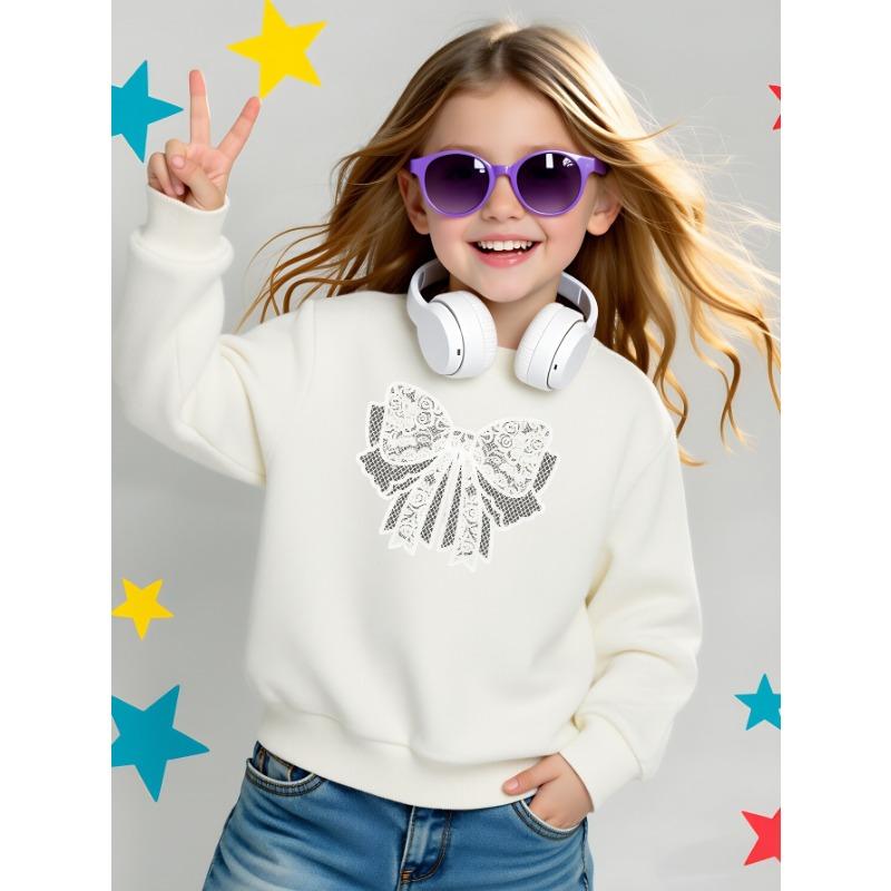 European sizes Girls Crew Neck Sweatshirt Lace Bow Pattern, Soft Cozy Pullover, Warm Casual for Autumn & Winter.