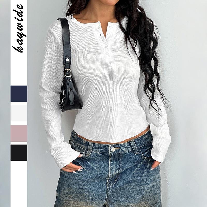 Ladies Autumn Winter Long Sleeve Button O Neck Solid Color Pullover T Shirt Top