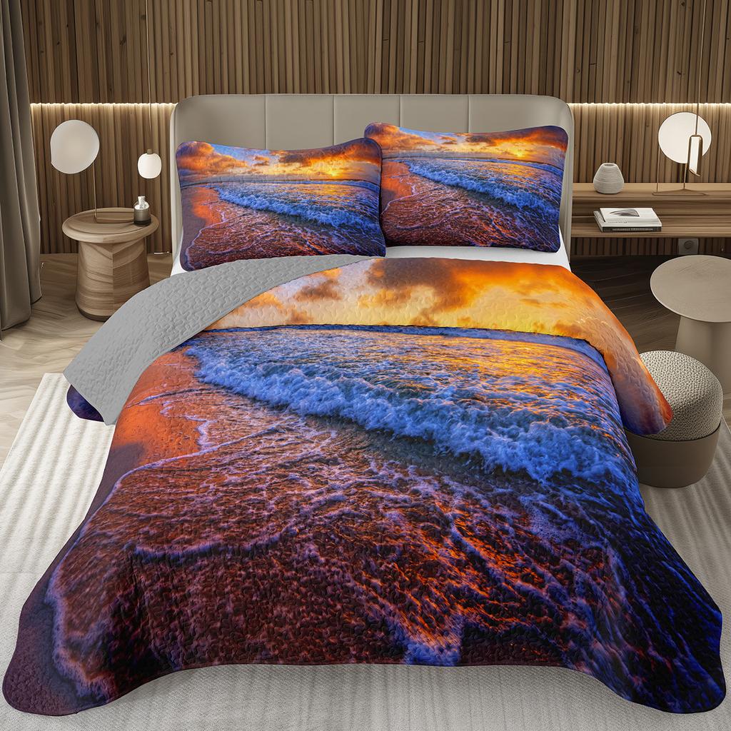 Sunset Scenery Bedspread Queen/Full Natural Landscape Quilted Coverlet 2/3Pcs Reversible Grey Bedding Set for Boy Girl Room Dorm