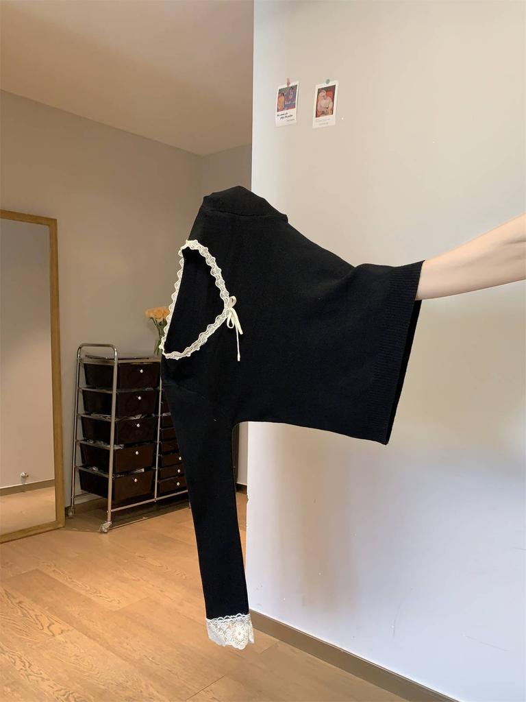 Girly chic bottoming shirt autumn and winter collar lace waist pinch thin long-sleeved top fashionable inside knitted sweater