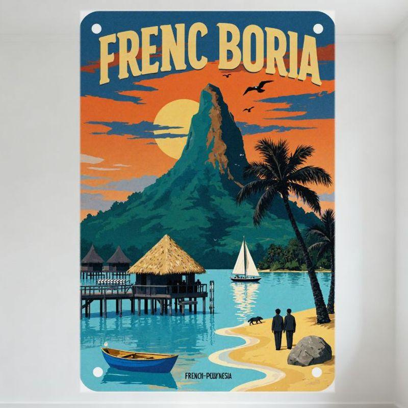 

Vintage French Polynesia Tropical Beach Metal Tin Sign, Conical Mountain & Turquoise Water Artwork, Wall Decor for Home Cafe Bar 20x30cm（7.8x11.8inch）