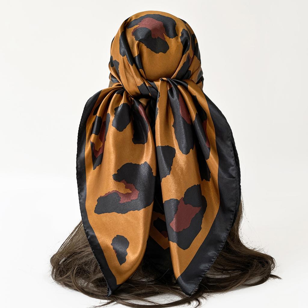 Women’s Scarf: Leopard-print, Faux Silk, European-style, High-end Print, Head-wrapping Satin, Large Scarf