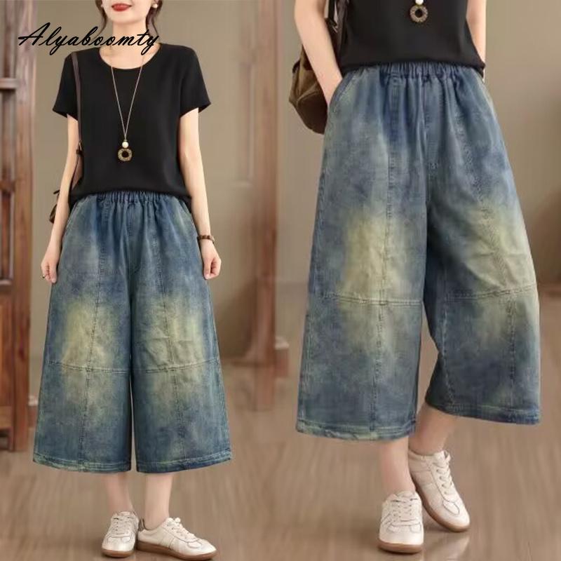 Plus Size Korean Fashion Summer Women Streetwear Jeans High Waist Washed Cotton Vintage Denim Capris Casual Loose Retro Basic Capris