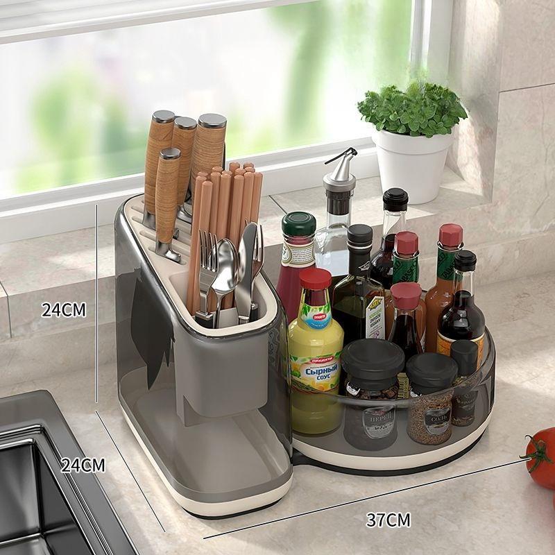 Кухонная полка держатель для ножей нож для специй палочки для еды вилка и ложка многофункциональное хранение хранение на столешнице вращающийся слив Beige suit бежевый 2560₽