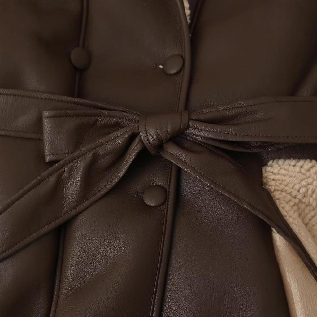 2024 Women's Winter Shearling Coat - European & American Style with Waist-Slimming Lace-Up