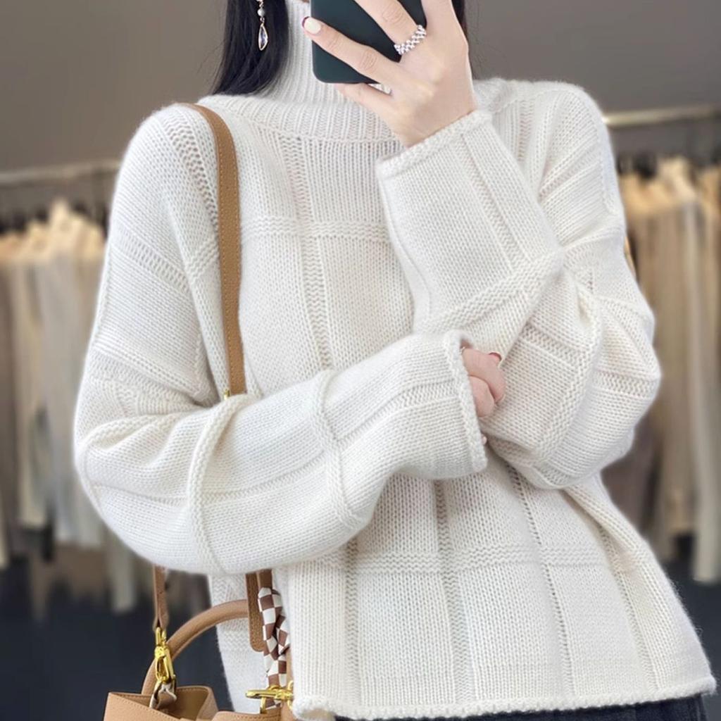 Autumn and Winter Short Sweater Women's Half High Neck Loose Solid Color Knitted Sweater Lazy Style Casual Pullover