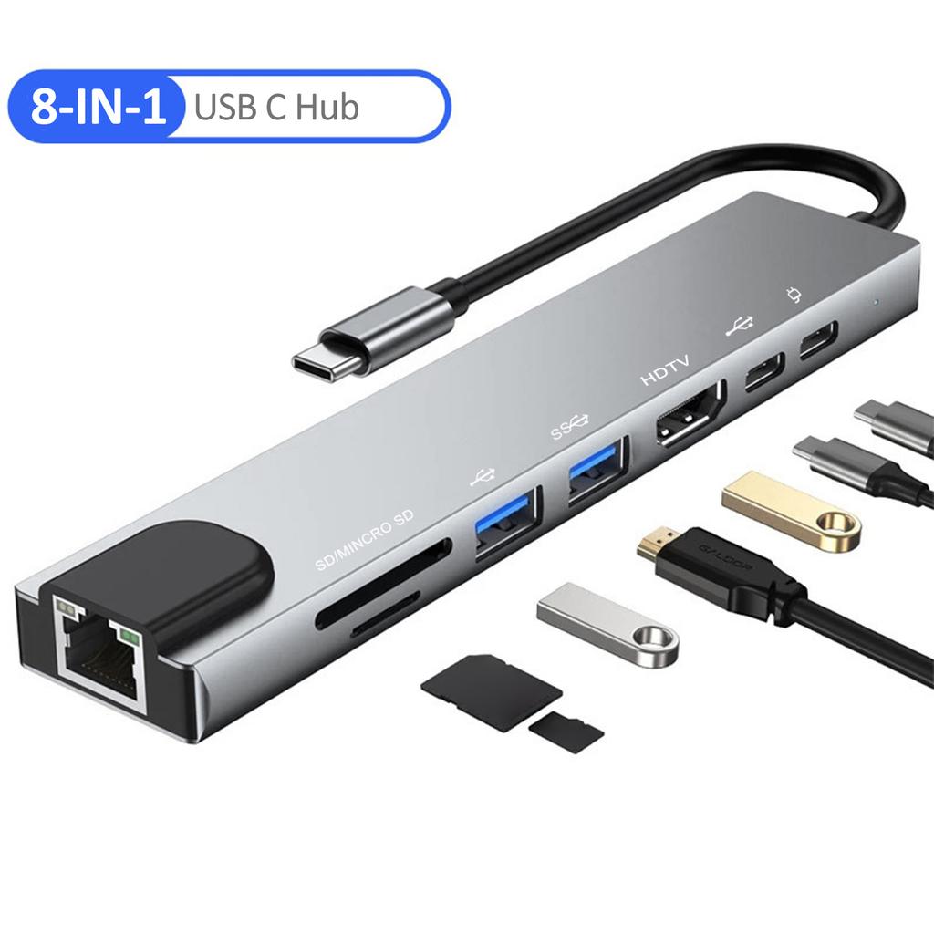 8 IN 1 USB C Hub Type C Docking Station Multiport Adapter with 4K HD RJ45 Ethernet USB 3.0 PD Charging Port SD TF Card