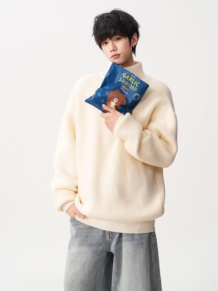 Men's Loose Knit Half-Zip Sweater - Solid Color, Stand-Up Collar, Cozy Autumn/Winter Pullover