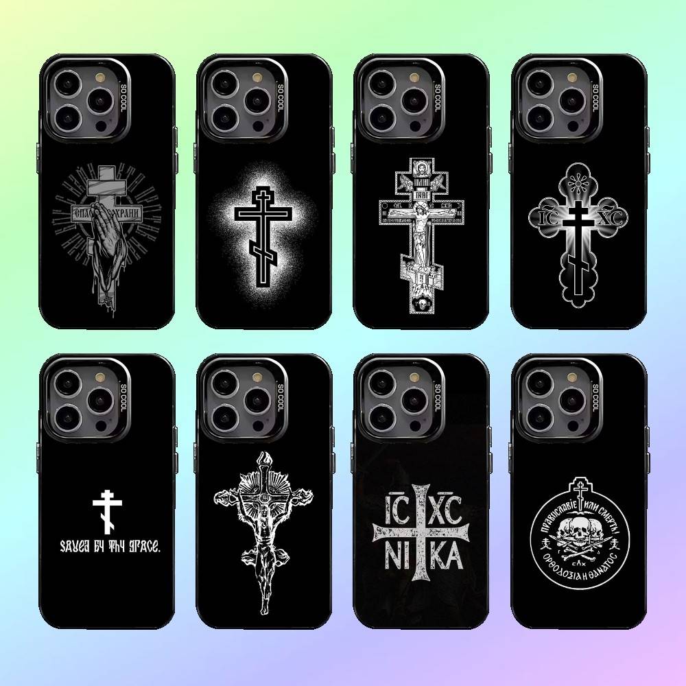 O-Orthodox Cross Icon Phone Case For iPhone17,16,15,14,13,12,11 Lens Border Silver Plated Cover Candy Matte Cover