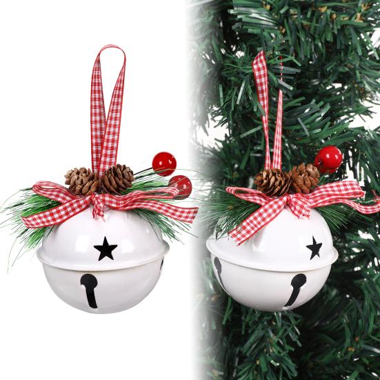 Christmas Bell Ornaments with Pinecones Berries Plaid Bow Rustic Metal Jingle Bells Xmas Tree Hanging Decor for Holiday Door Window Tree Party Decor