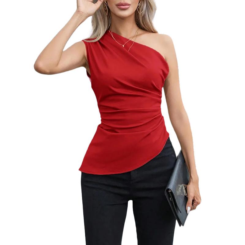 Spring Latest Style Elegant Off-shoulder Vest Sexy Pleated Slim Fit Slim Irregular Top for Women