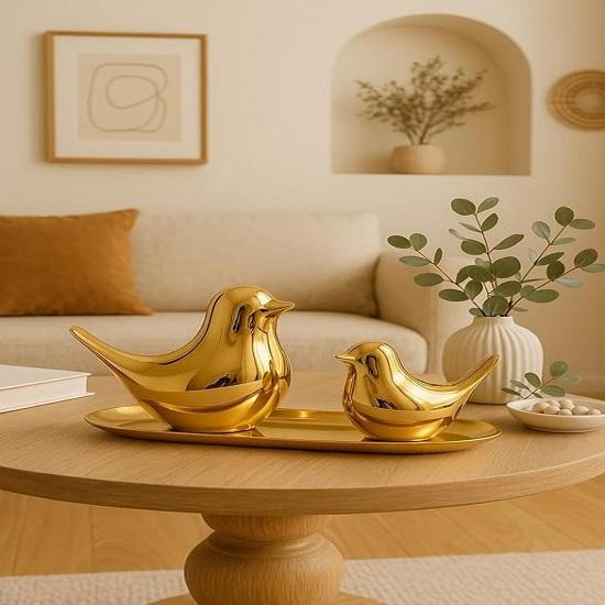 Ceramiczna Figurka Złotych Ptaków Błogosławieństwa do Dekoracji Domu Salon, Sypialnia, Biurko, Szafki Opakowanie 2 szt., Złota