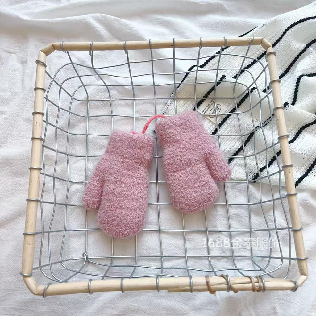 Baby Gloves Ins Soft Glutinous Waxy~ Korean Simple Solid Color Plush Baby Winter Thickened Warm Neck Bag Finger