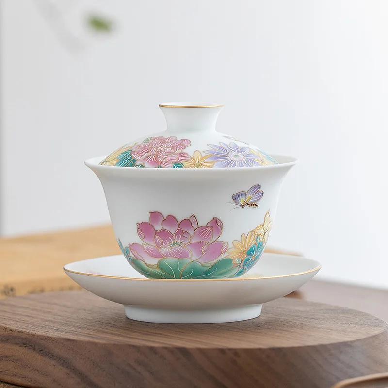 Ceramic Whiteware Cover Bowl Blue Pattern Three-Force Cover Bowl Single Large Thin Tire Kung Fu Tea Set Tea Bowl Gaiwan Ceramic