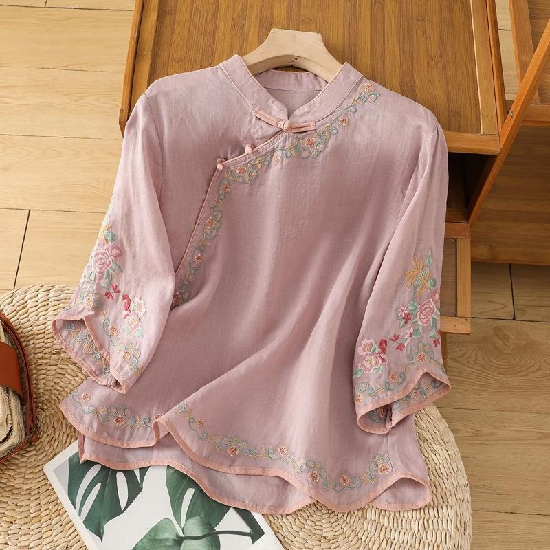 New summer diagonal placket embroidered cotton and linen short sleeves loose and thin women's clothing retro top buckle literature and art