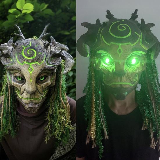 Halloween Waldgeist Elfenmaske LED Horror Kopfschmuck Realistischer Grüner Elf Alter Mann
