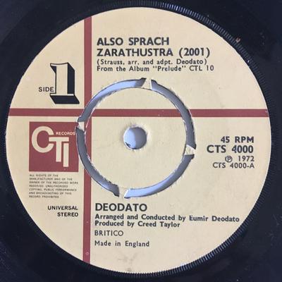 7inch Record EUMIR DEODATO - Also Sprach Zarathustra (2001) / Sp CTS4000 CTI Records 1972 UK Jazz Used