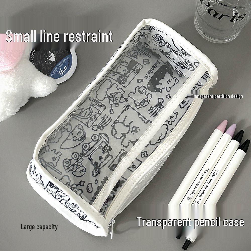 Puppy Design Transparent PVC Pencil Case, Large Capacity, Double Layer for Students