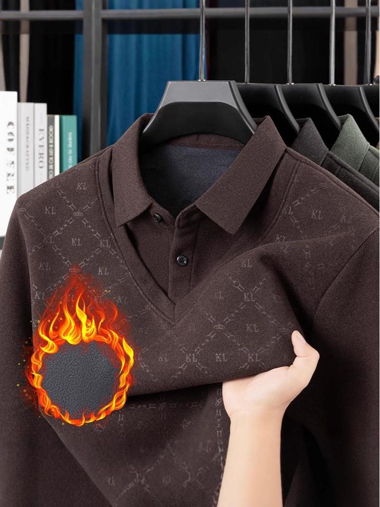 Fleece-Lined Two-Piece Lapel Polo Shirt: Men's Warm Autumn/Winter Casual Print Top