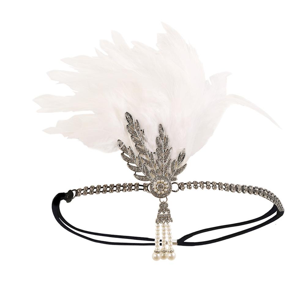 Women Vintage Feather Headband Black Rhinestone Beaded Sequin Hair Band Vintage Headpiece Flapper Feather Headdress