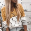 Women Fashion Loose Contrast Color V-neck Hollow Loose Knit Long-sleeved Sweater