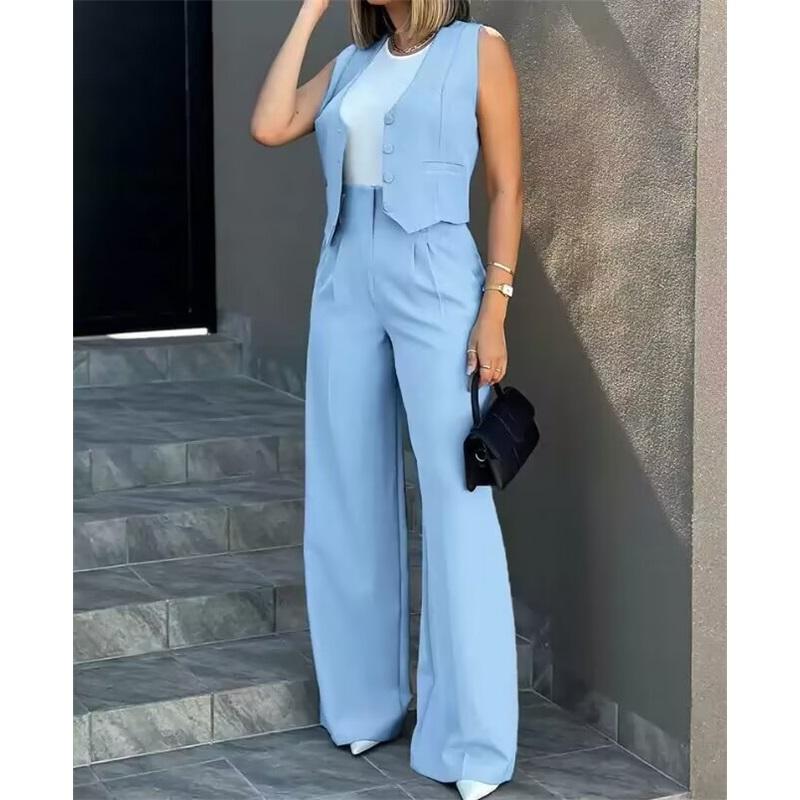 2 Pcs/Set Women Waistcoat Pants Set Formal Business Style Sleeveless Single-breasted Top High Waist Wide Leg Solid Color Trousers OL Commute Outfit