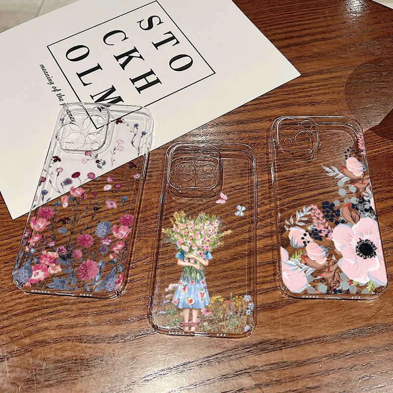 For iPhone 15 Pro Max 14 13 Pro 12 11 Phone Cover Beautiful Floral Pattern Clear Shockproof Slim PC Hard Case