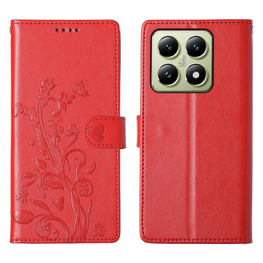 For Xiaomi 14T Wallet Case Butterfly Floral Imprint PU Leather Phone Cover with Wrist Strap