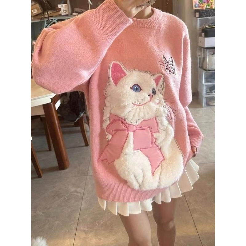

Женский свитер с кошачьим узором, милый розовый пуловер, вязаные свитера, теплый, модный, женский, оверсайз, свободный топ One Size розовый