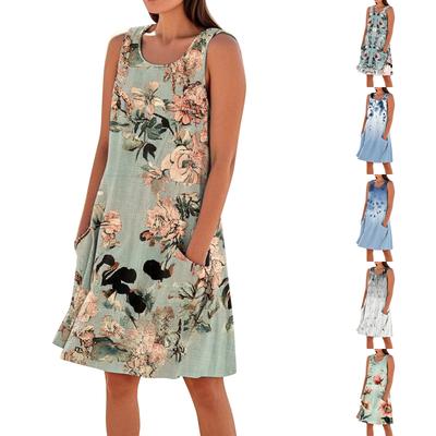 Vestidos Estampados Para Mulheres Soltos Férias na Praia Casual Sem Mangas Vestidos de Verão Com Bolsos Vestido Regata