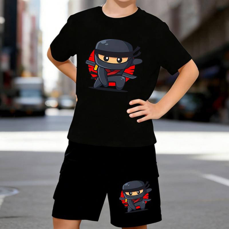 

Boys 2 Piece Chibi Ninja Printed outfit, Short Sleeve T-Shirt and Shorts Set for Kids Age 5-14,Black and White Sporty Casual Summer Clothes 5-6 Years чёрный