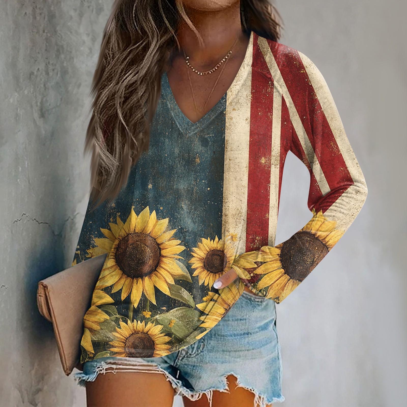 

Women s Long Sleeve Plunger Sleeve Independence Day Printed Casual Top T-Shirt M