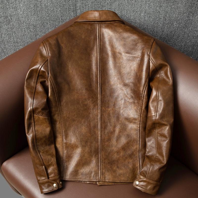 Genuine Leather Jacket for Men Top Grain Cowhide Slim Fit Waxed Tea Core Biker Coat