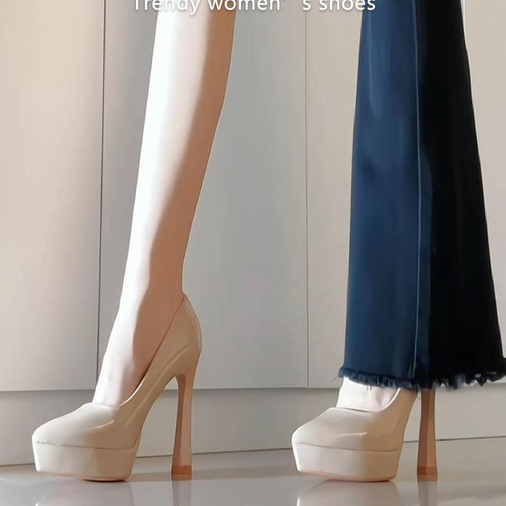 2025 Spring and Autumn New Waterproof Table Nude High Heels Women's Patent Leather Versatile Etiquette Catwalk Thick Heel Not Tired Feet Single Shoes