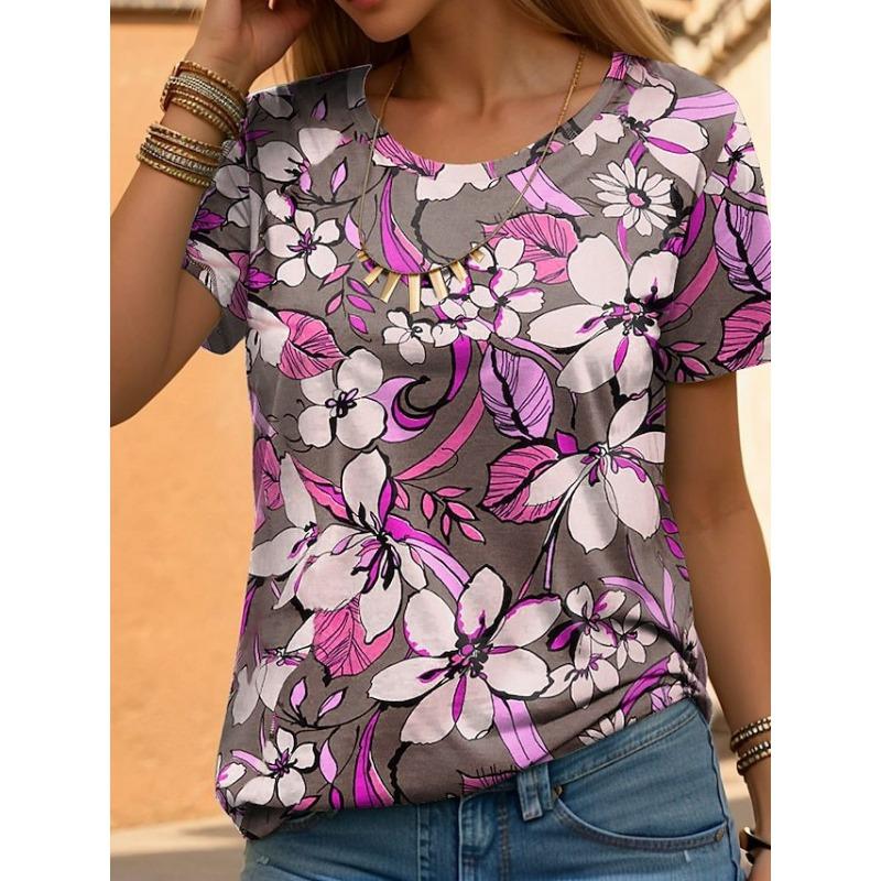 Women's Summer Simple Round Neck Women's Short Sleeved Shirt Casual Loose 3D Flower Print Shirt